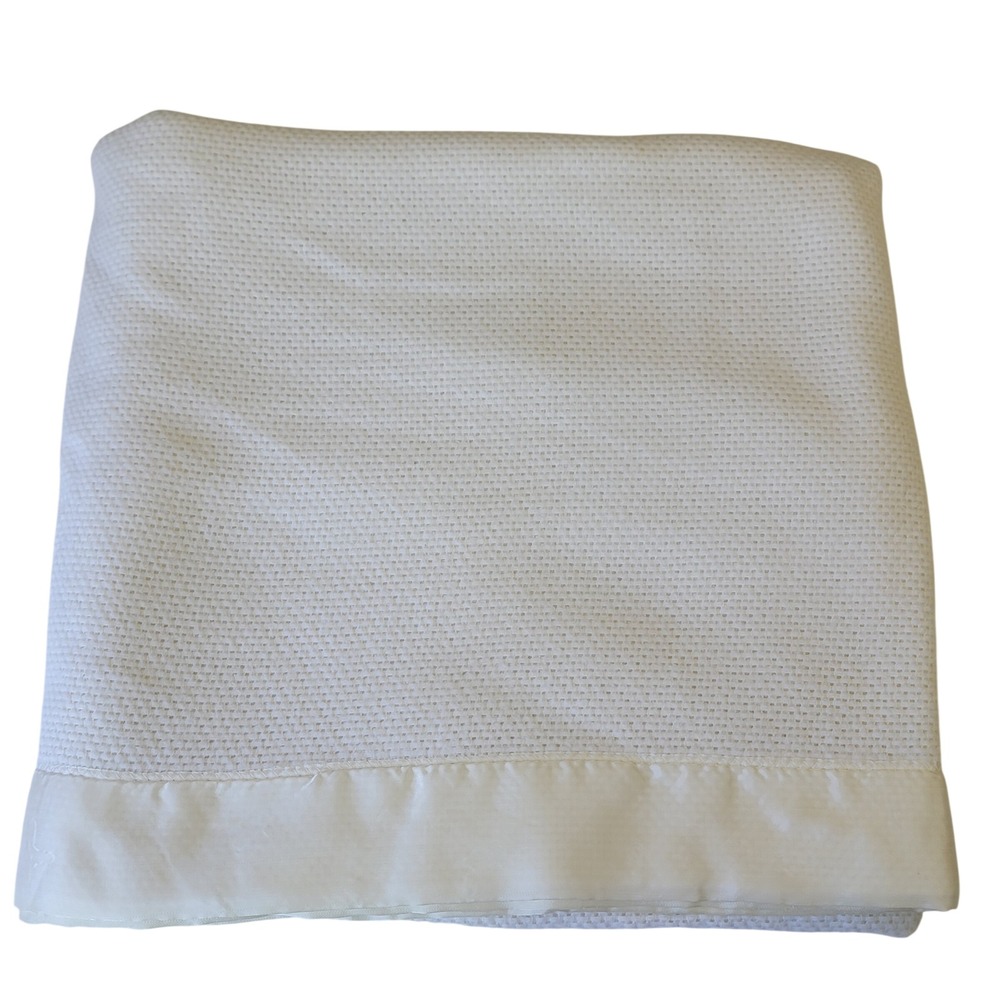 Ralph Lauren White Waffle Weave Thermal Blanket Satin Trim 90x90 Made in USA